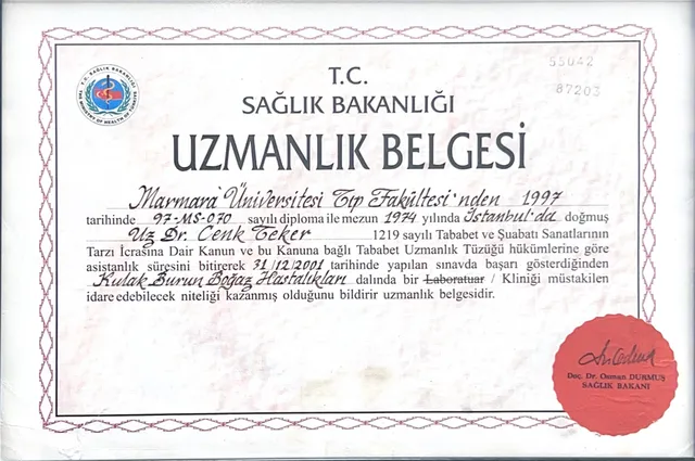 Ministry of Health specialist certificate in ear, nose and throat diseases, 2001