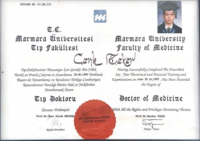 Marmara University Faculty of Medicine diploma of Cenk Teker, Doctor of Medicine, 1997